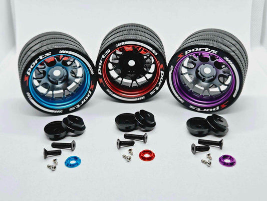 Close-up of the colourful RC transmitter steering wheel showing compatibility with major brands like SANWA, FUTABA, and FLYSKY