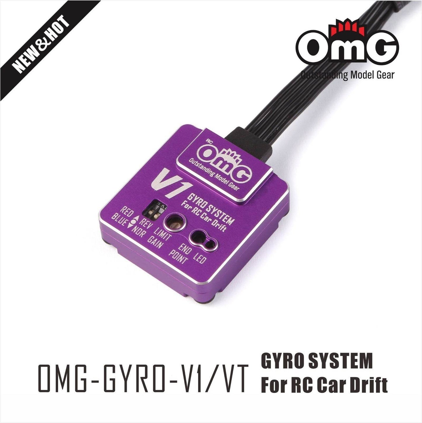 Top view showing mode & gain dials on OMG V1 high-performance RC gyro