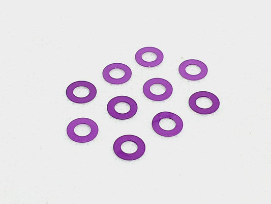 Pack of 10 aluminium M3 0.5mm flat gasket washers, used as spacer shims for precise RC car assembly