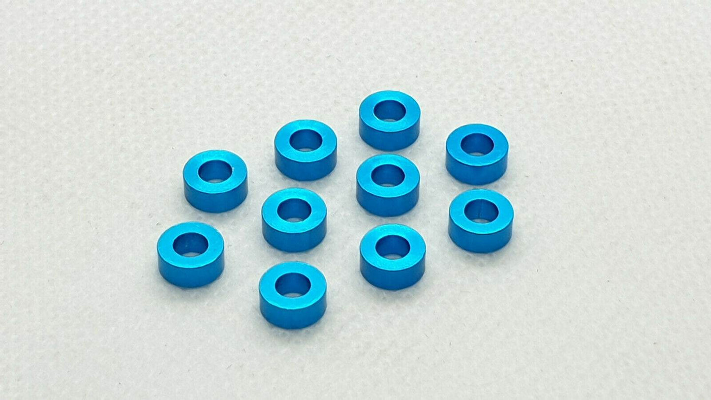 Pack of 10 aluminium M3 2.0mm flat gasket washers, used as spacer shims for precise RC car assembly