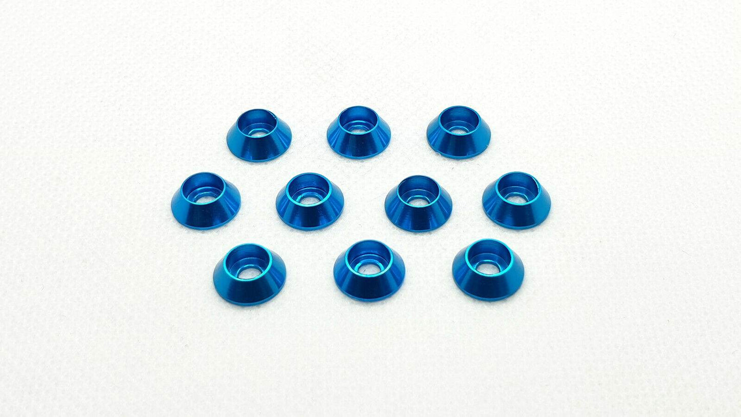 10-piece set of M3 aluminium cup head gasket washers, designed for secure and flush screw fittings in RC cars