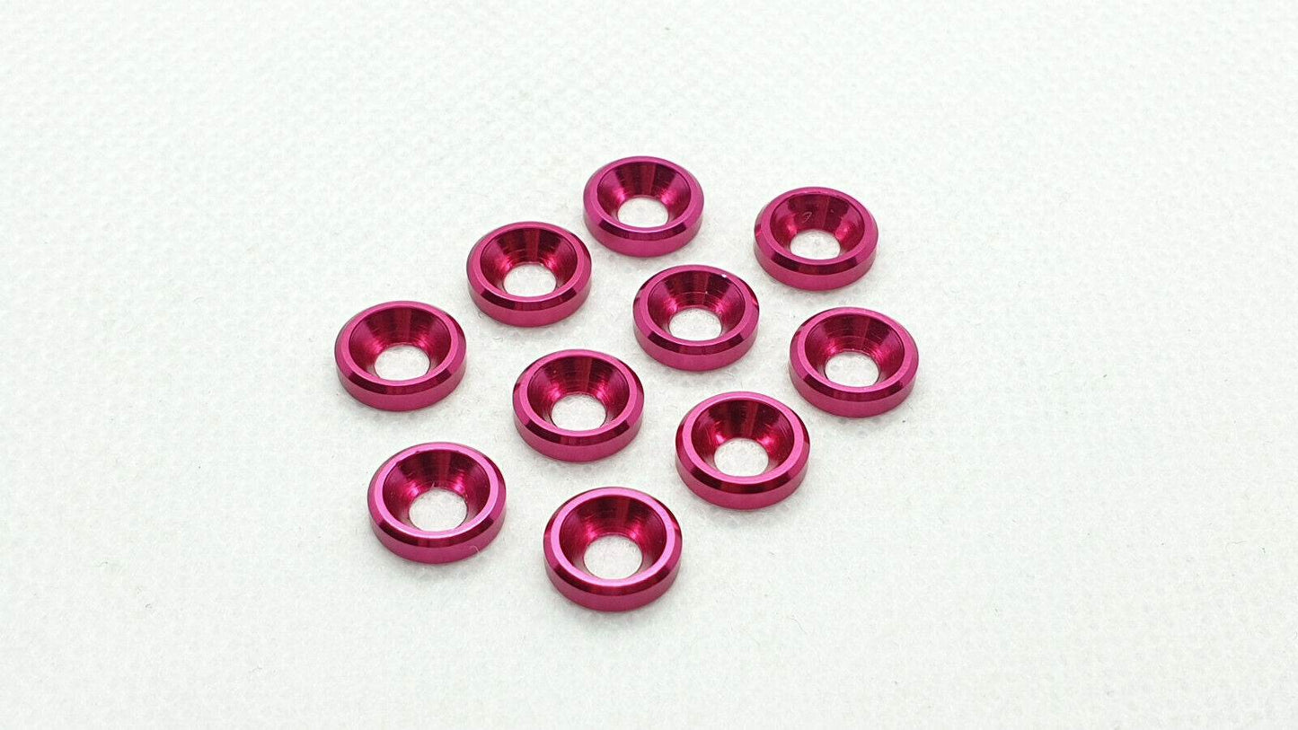10-piece set of M3 aluminium countersunk gasket washers, designed for secure and flush screw fittings in RC cars