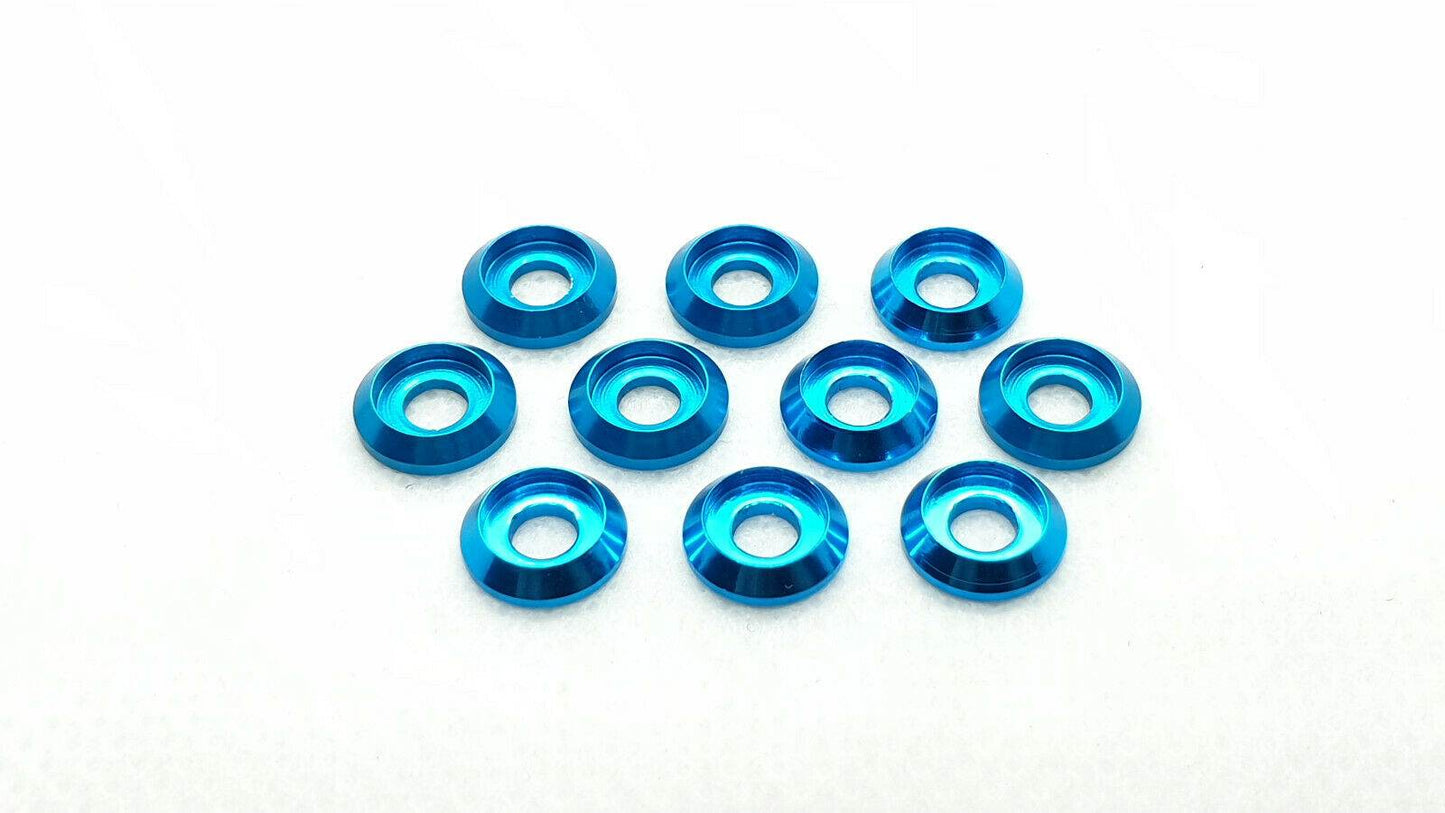 Pack of 10 aluminium M3 round goblet gasket washers, designed to provide both functional and aesthetic enhancements to RC cars