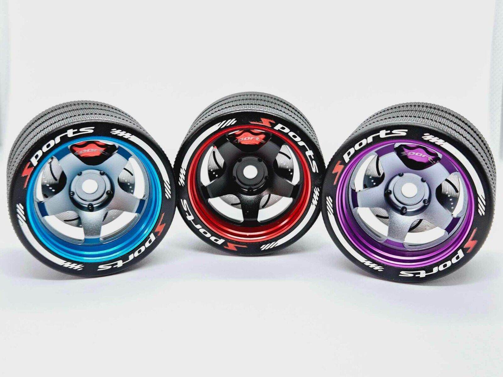 Close-up of the colorful RC transmitter steering wheel showing compatibility with major brands like SANWA, FUTABA, and FLYSKY