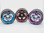 Close-up of the colorful RC transmitter steering wheel showing compatibility with major brands like SANWA, FUTABA, and FLYSKY