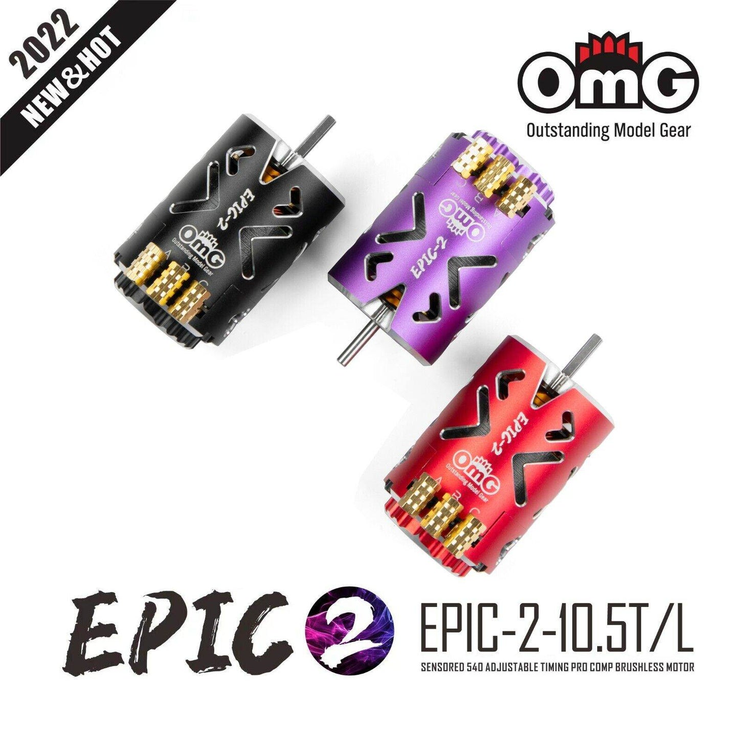 Close-up of OMG Epic V2 10.5T Black Brushless Motor, sensored and adjustable timing