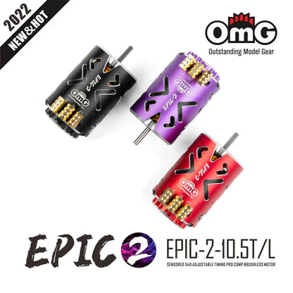 Close-up of OMG Epic V2 10.5T Black Brushless Motor, sensored and adjustable timing