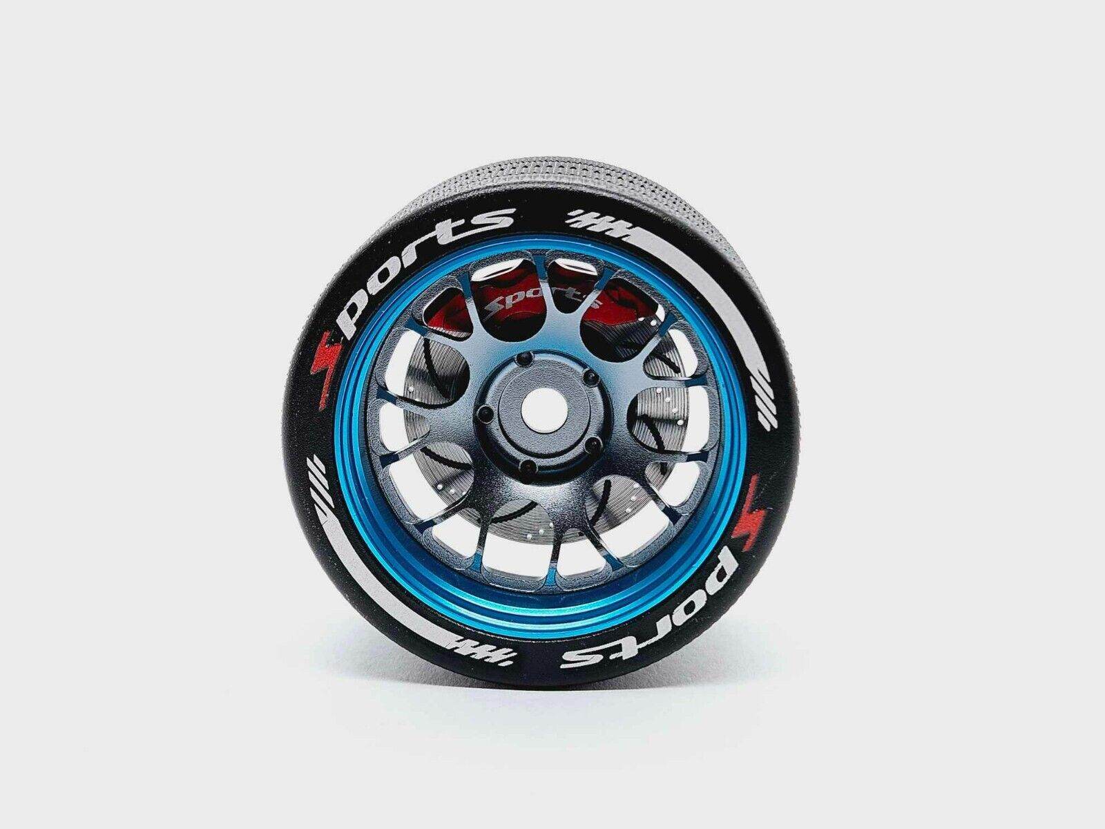 Close-up of the colourful RC transmitter steering wheel showing compatibility with major brands like SANWA, FUTABA, and FLYSKY
Blue