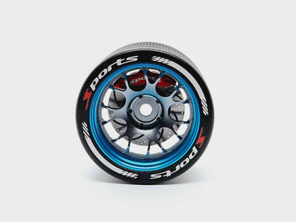 Close-up of the colourful RC transmitter steering wheel showing compatibility with major brands like SANWA, FUTABA, and FLYSKY
Blue