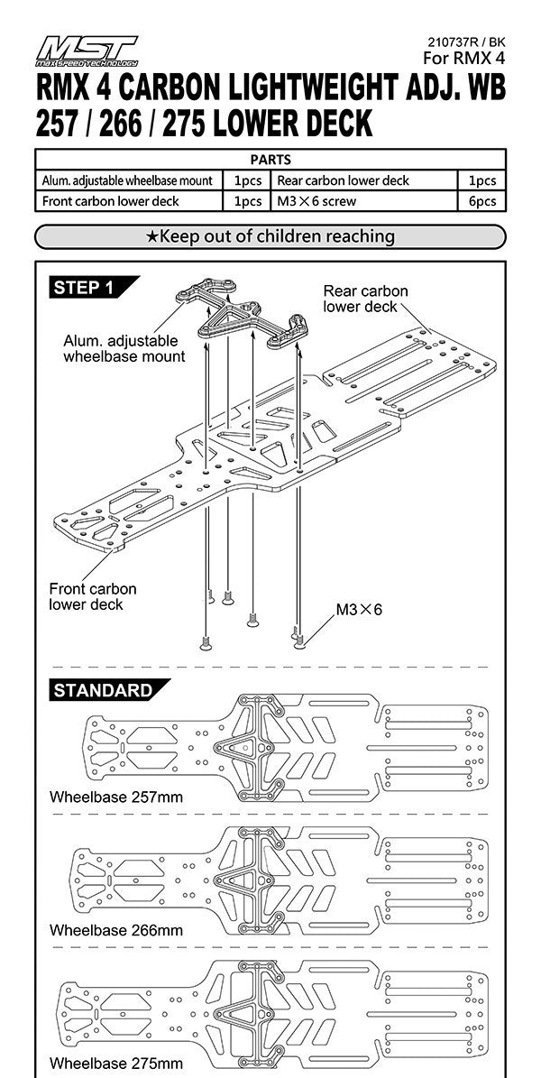 MST RMX4 Lower Chassis Deck Carbon Adjustable 257-275mm - 210737