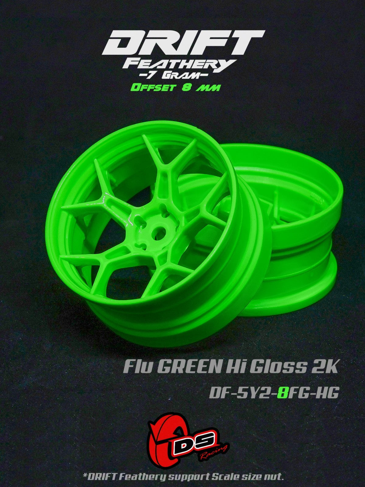 DS Racing RC Drift Wheels - 5Y Feathery 8mm Flu Green (2pcs)