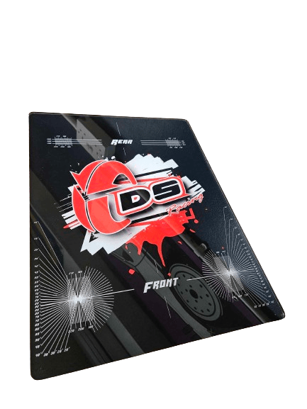 DS Racing acrylic tuning setup board for 1/10 scale RC drift cars, designed for precise vehicle adjustments