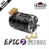 Close-up of OMG Epic V2 10.5T Black Brushless Motor, sensored and adjustable timing