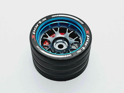 Close-up of the colourful RC transmitter steering wheel showing compatibility with major brands like SANWA, FUTABA, and FLYSKY
blue