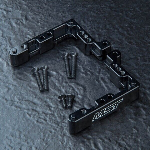 Close-up of MST FRX Aluminium Rear Battery Mount Connector, Model 210713BK, for RC vehicles