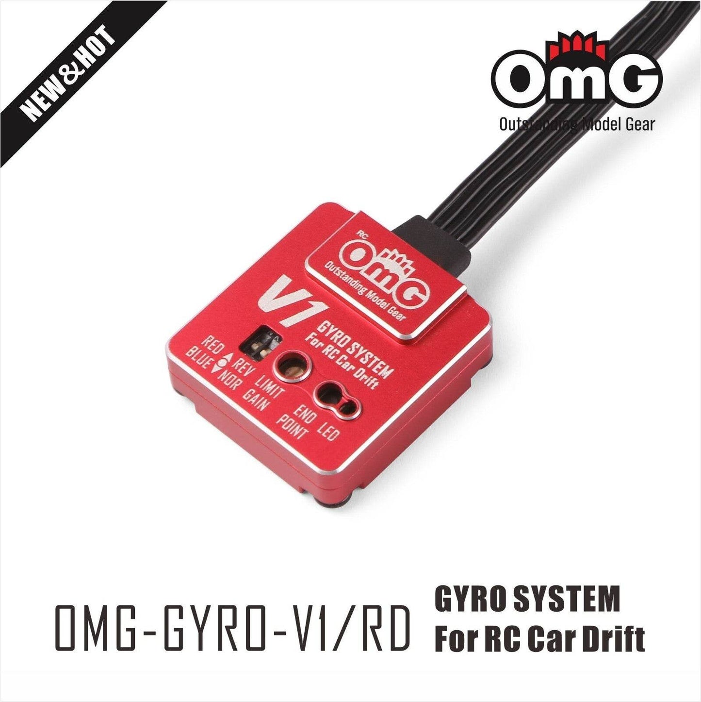 Top view showing mode & gain dials on OMG V1 high-performance RC gyro