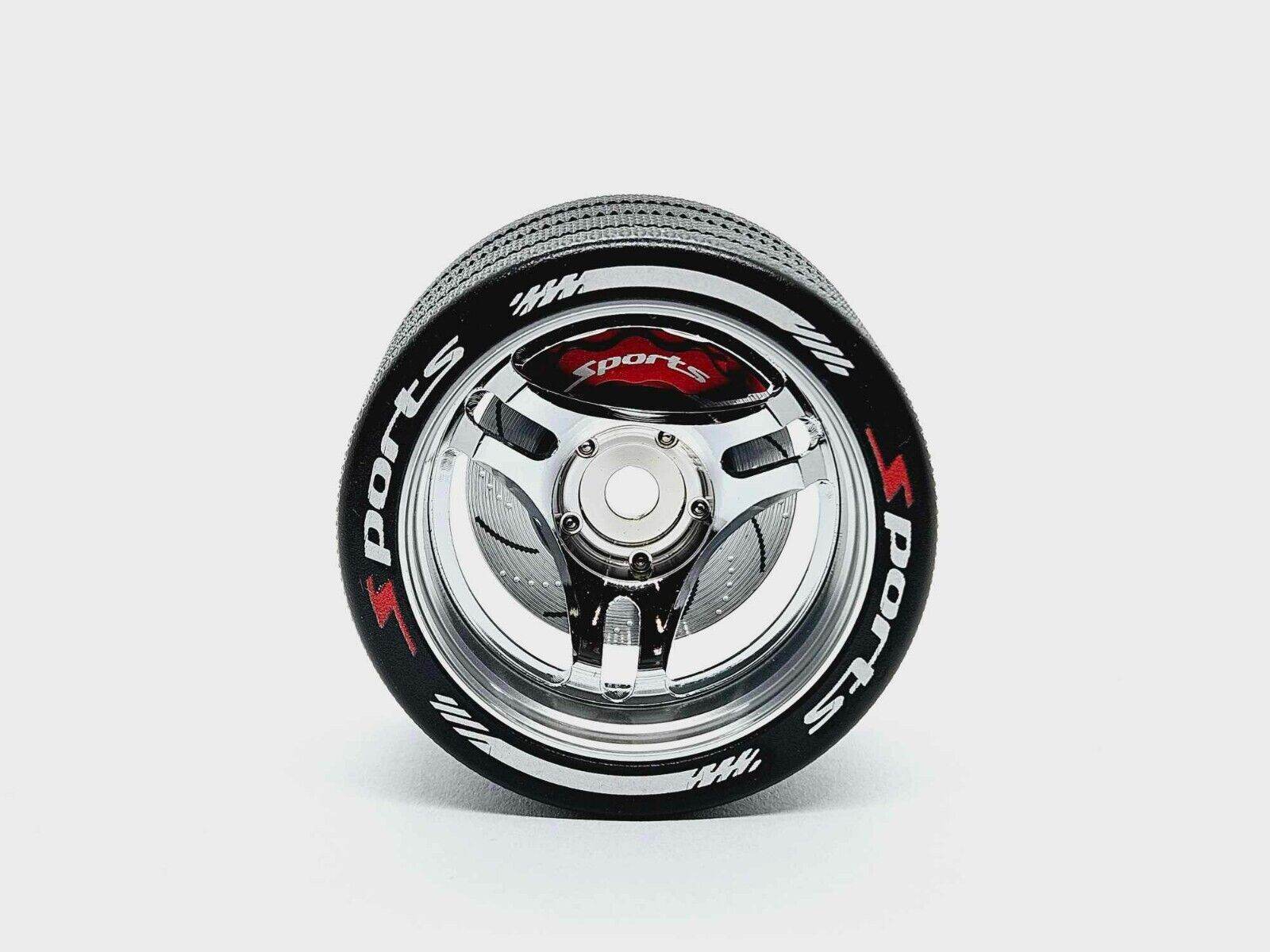 Close-up of the colourful RC transmitter steering wheel showing compatibility with major brands like SANWA, FUTABA, and FLYSKY