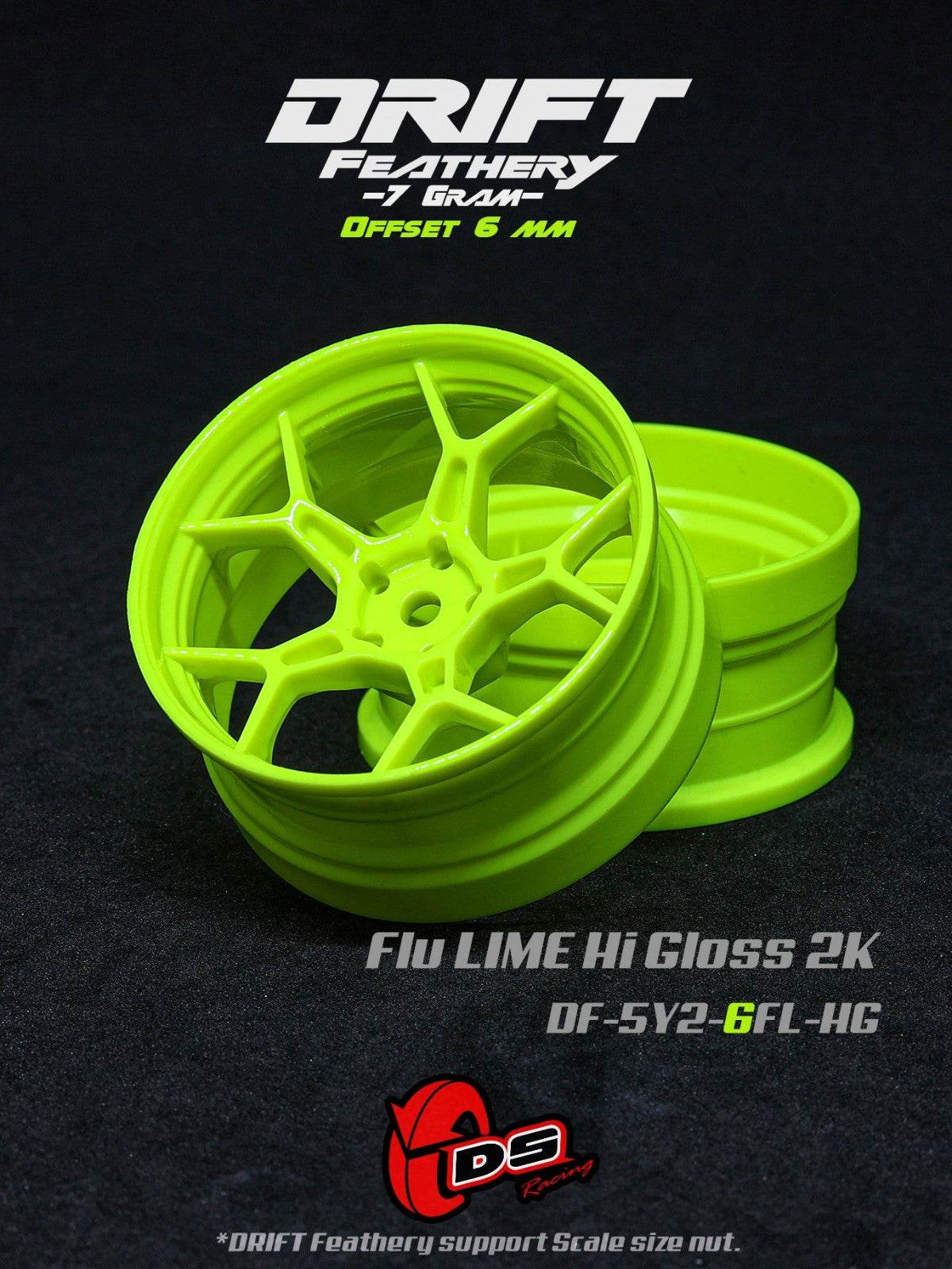 DS Racing Feathery RC Drift Wheels - 6mm Lime 1/10