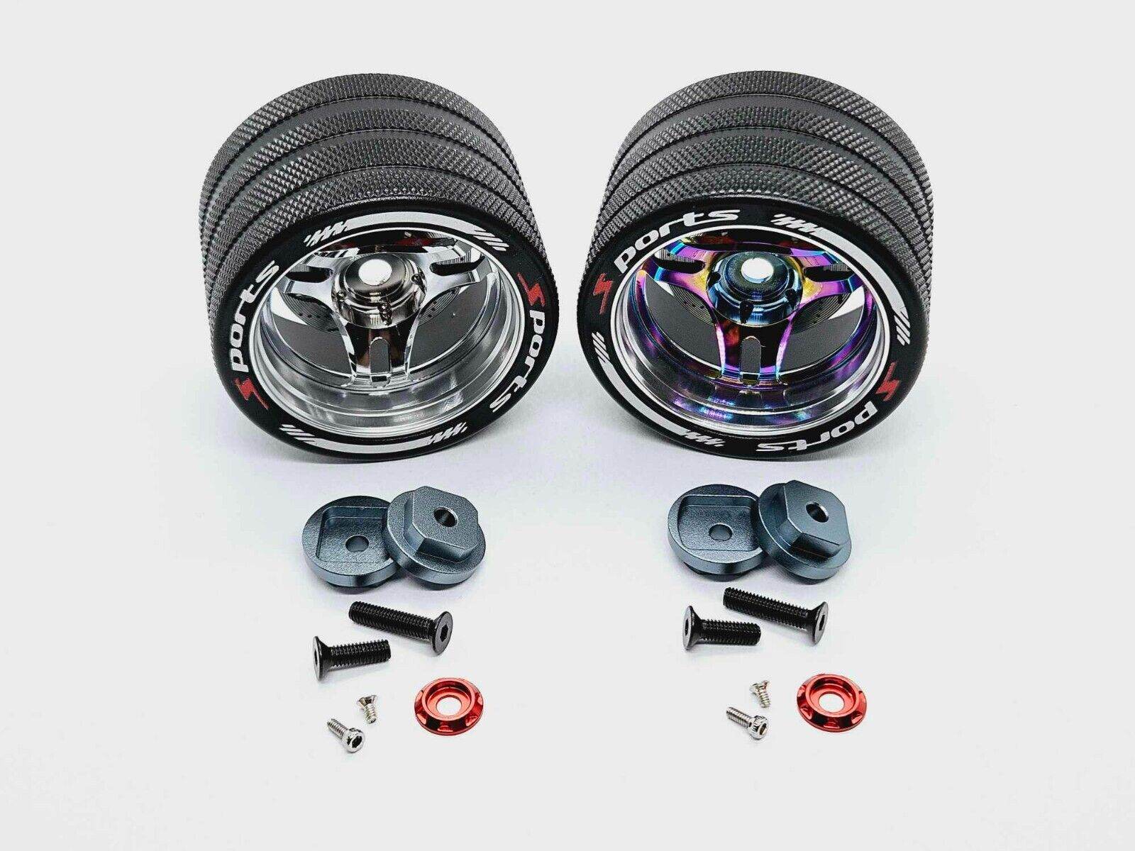 Close-up of the colourful RC transmitter steering wheel showing compatibility with major brands like SANWA, FUTABA, and FLYSKY