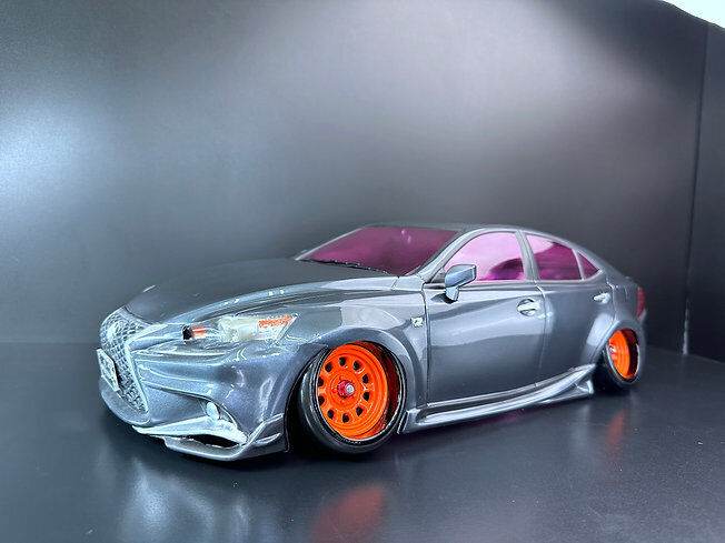 Close-up of Tetsujin 'Sunflower' Super Rim Wheels, adjustable offset for RC drift cars shown on the car