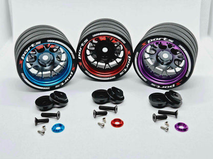 Close-up of the colourful RC transmitter steering wheel showing compatibility with major brands like SANWA, FUTABA, and FLYSKY