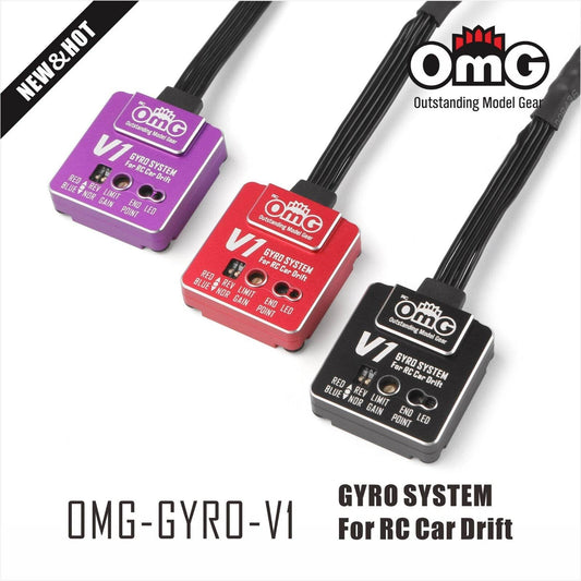Top view showing mode & gain dials on OMG V1 high-performance RC gyro