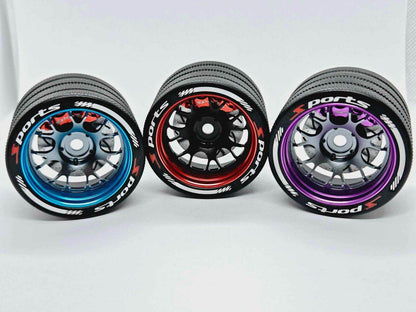 Close-up of the colourful RC transmitter steering wheel showing compatibility with major brands like SANWA, FUTABA, and FLYSKY