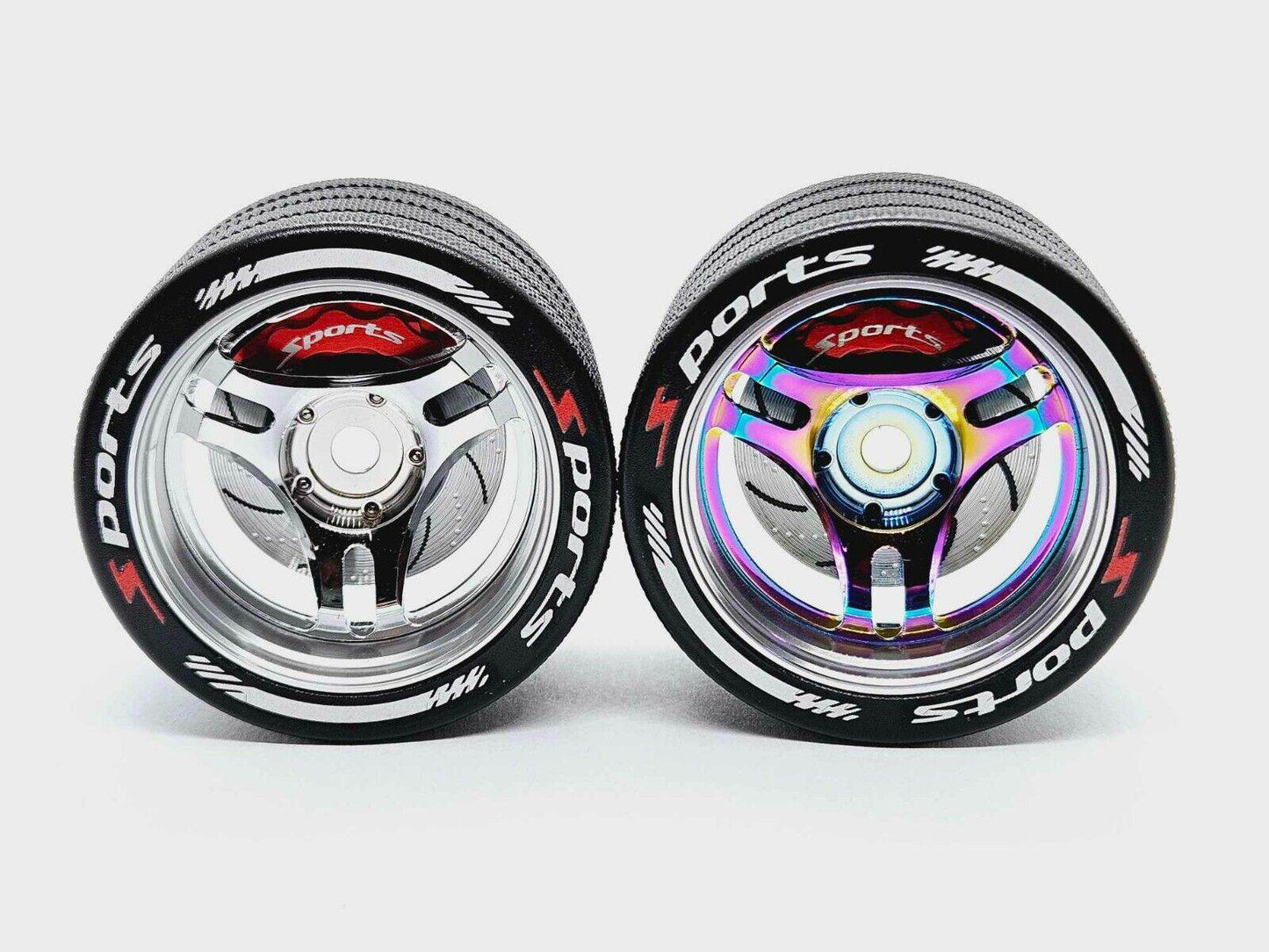 Close-up of the colourful RC transmitter steering wheel showing compatibility with major brands like SANWA, FUTABA, and FLYSKY