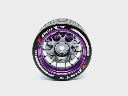 Close-up of the colourful RC transmitter steering wheel showing compatibility with major brands like SANWA, FUTABA, and FLYSKY
Purple