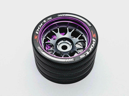 Close-up of the colourful RC transmitter steering wheel showing compatibility with major brands like SANWA, FUTABA, and FLYSKY
