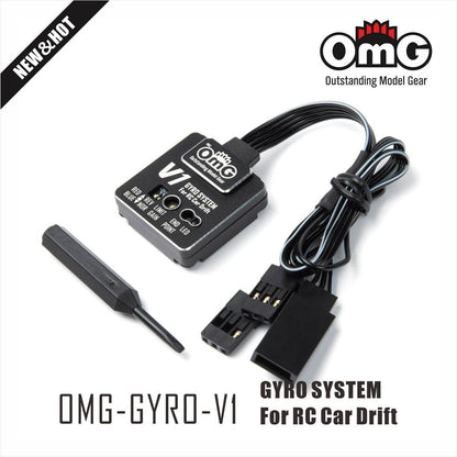 Top view showing mode & gain dials on OMG V1 high-performance RC gyro