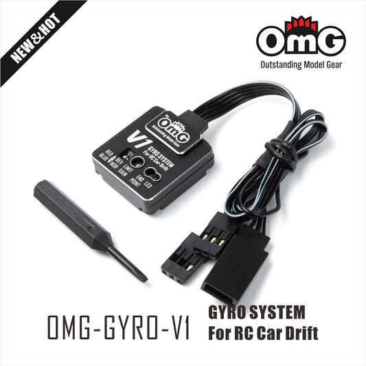 Top view showing mode & gain dials on OMG V1 high-performance RC gyro