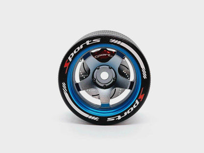 Close-up of the colorful RC transmitter steering wheel showing compatibility with major brands like SANWA, FUTABA, and FLYSKY