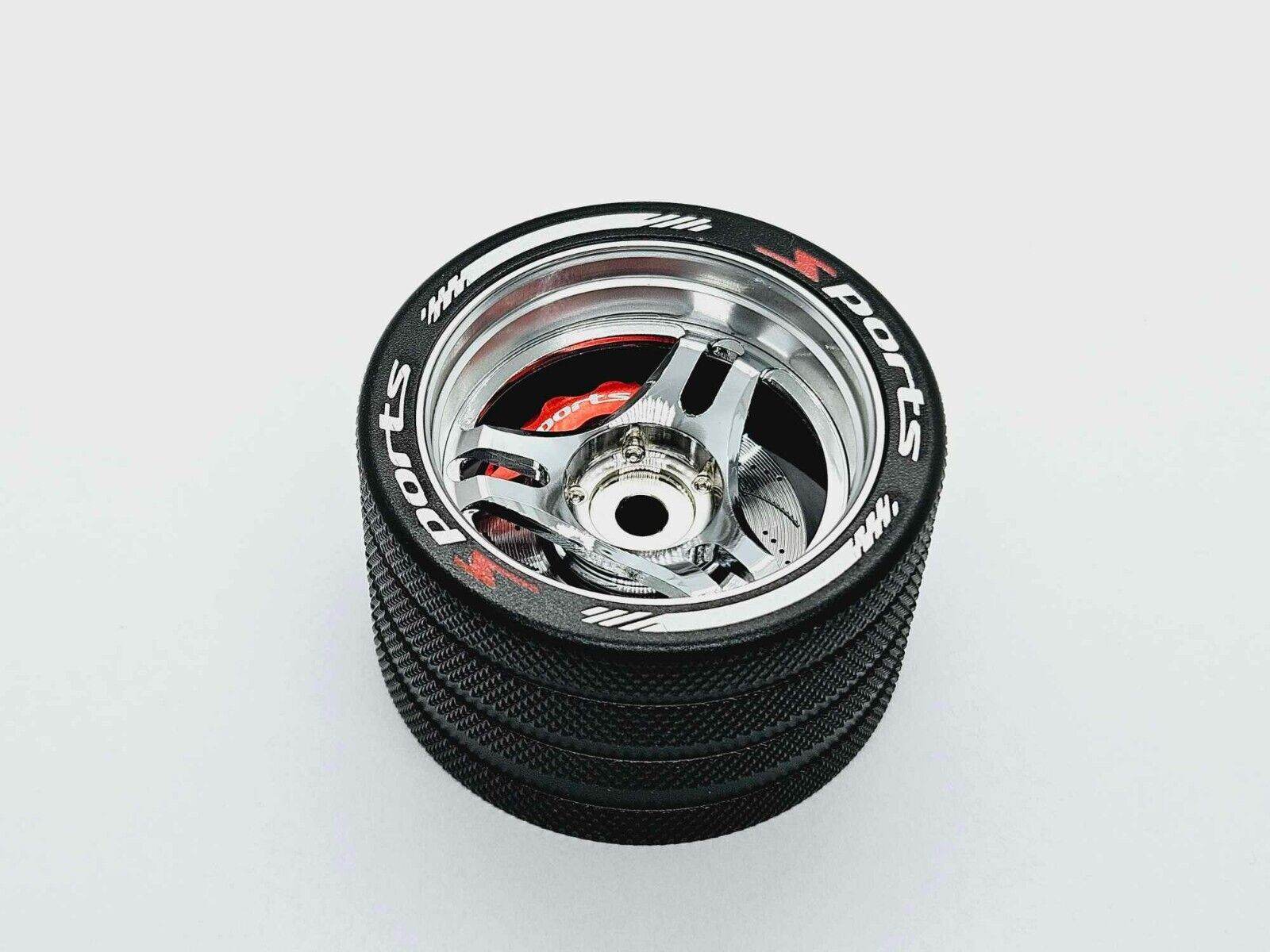 Close-up of the colourful RC transmitter steering wheel showing compatibility with major brands like SANWA, FUTABA, and FLYSKY