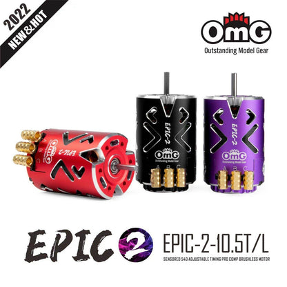 Close-up of OMG Epic V2 10.5T Black Brushless Motor, sensored and adjustable timing