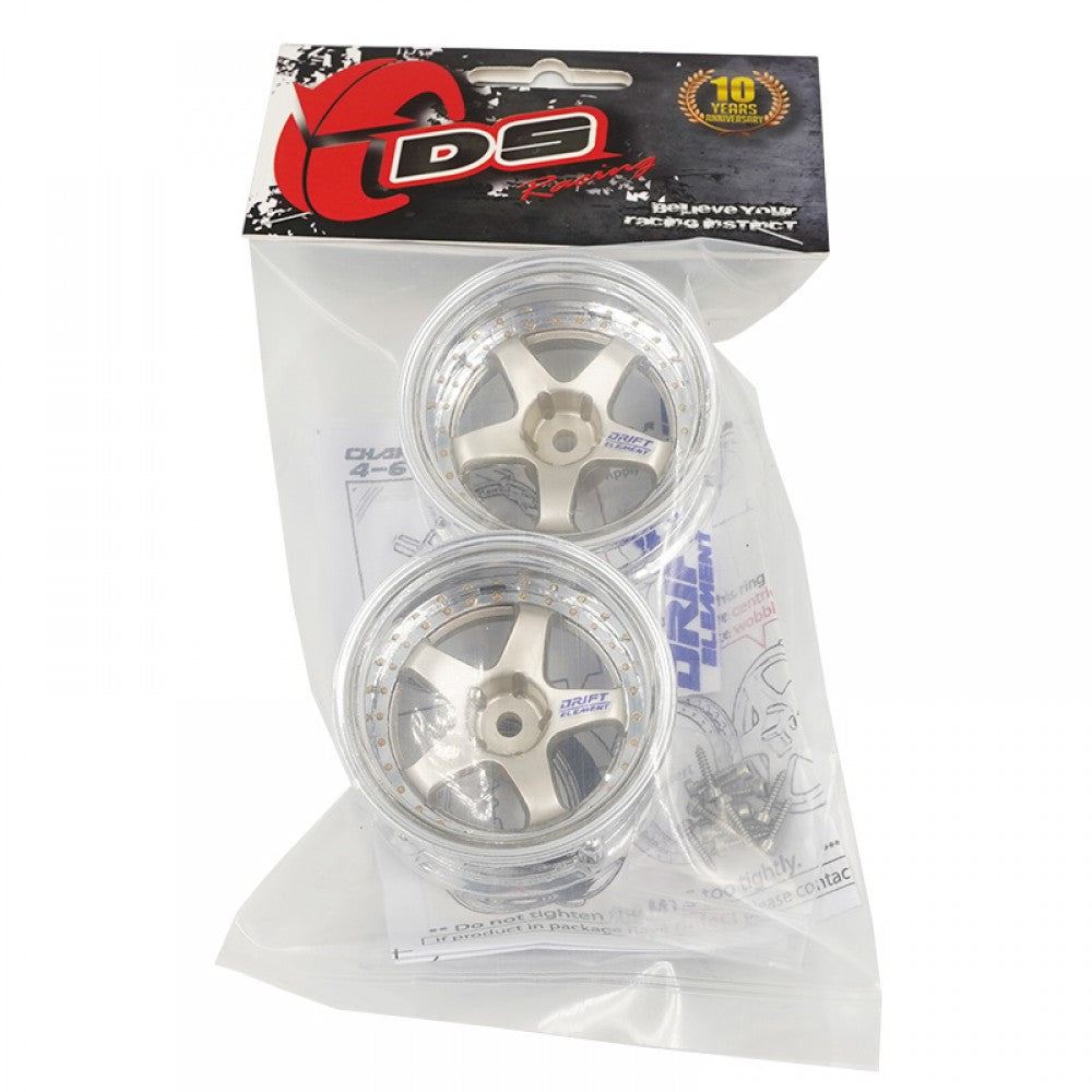Close up of the Gold DS Racing Drift Elements DE-010 RC wheel set, adjustable, designed for 1/10 scale RC cars