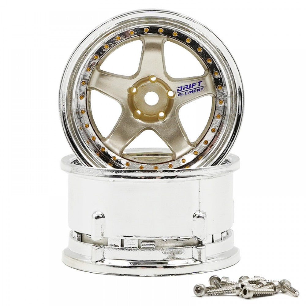 Close up of the Gold DS Racing Drift Elements DE-010 RC wheel set, adjustable, designed for 1/10 scale RC cars