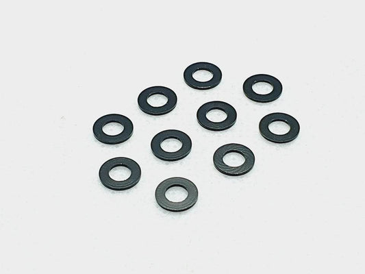 Pack of 10 aluminium M3 1.0mm flat gasket washers, used as spacer shims for precise RC car assembly