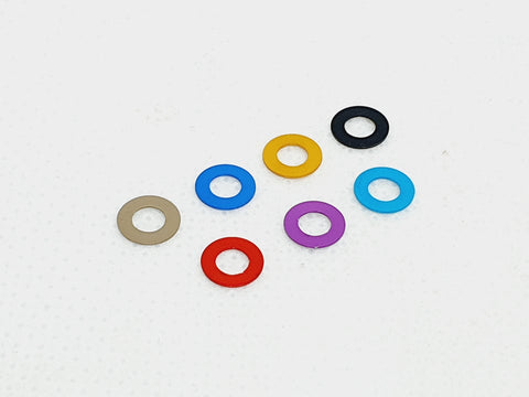 Pack of 10 aluminium M3 0.25mm flat gasket washers, used as spacer shims for precise RC car assembly