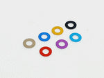 Pack of 10 aluminium M3 0.5mm flat gasket washers, used as spacer shims for precise RC car assembly