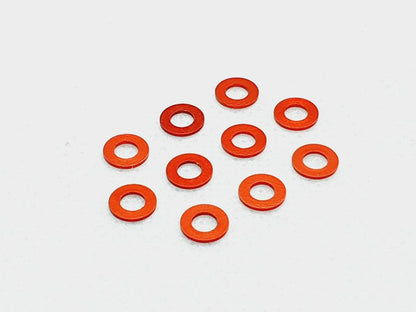 Pack of 10 aluminium M3 1.5mm flat gasket washers, used as spacer shims for precise RC car assembly