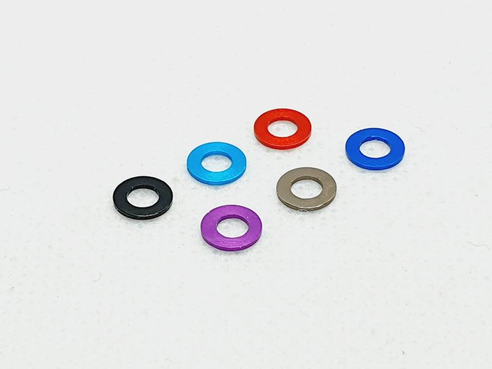 Pack of 10 aluminium M3 1.0mm flat gasket washers, used as spacer shims for precise RC car assembly