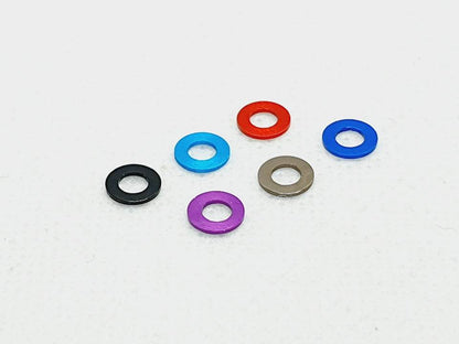 Pack of 10 aluminium M3 1.5mm flat gasket washers, used as spacer shims for precise RC car assembly