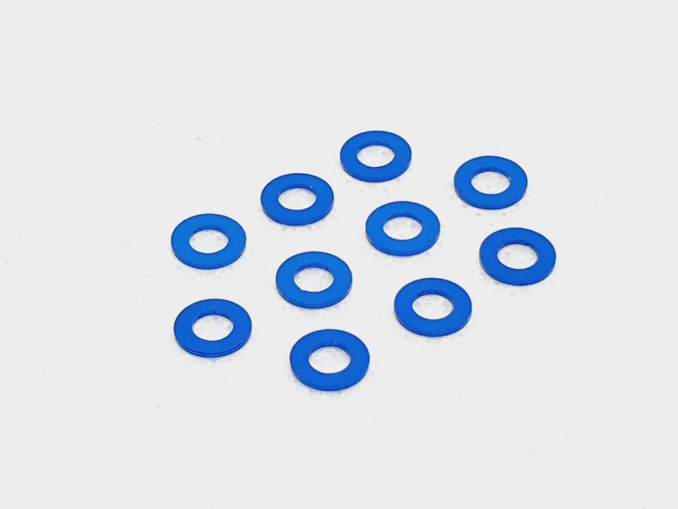 Pack of 10 aluminium M3 1.0mm flat gasket washers, used as spacer shims for precise RC car assembly