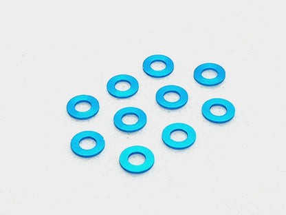 Pack of 10 aluminium M3 1.5mm flat gasket washers, used as spacer shims for precise RC car assembly