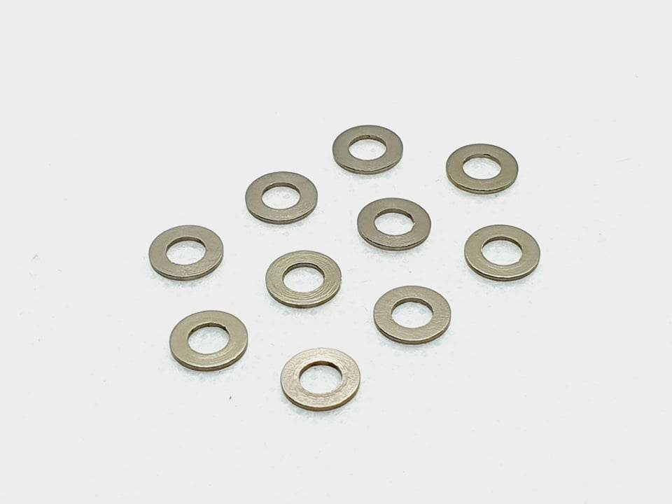 Pack of 10 aluminium M3 1.0mm flat gasket washers, used as spacer shims for precise RC car assembly
