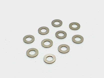 Pack of 10 aluminium M3 1.0mm flat gasket washers, used as spacer shims for precise RC car assembly