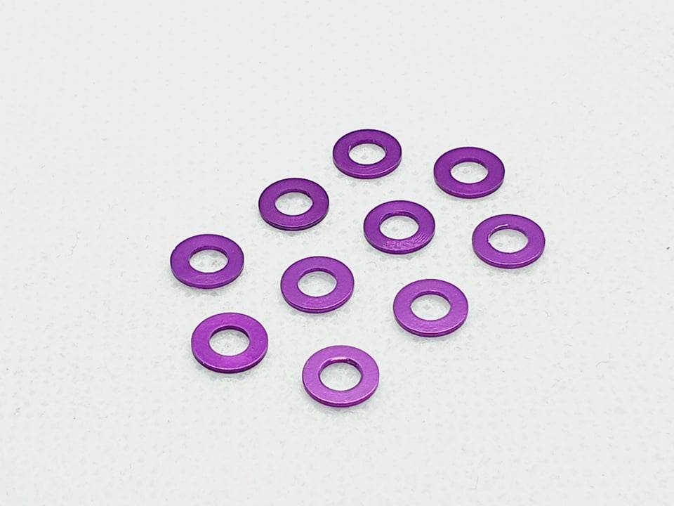 Pack of 10 aluminium M3 1.0mm flat gasket washers, used as spacer shims for precise RC car assembly