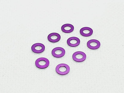 Pack of 10 aluminium M3 1.0mm flat gasket washers, used as spacer shims for precise RC car assembly