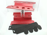 Close-up of the height-adjustable RC car stand, showcasing its sturdy construction and versatile use for 1/10 scale models - red